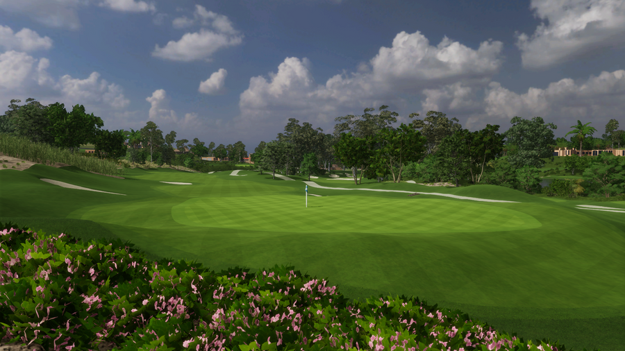 A view of a virtual golf course from the top of a hill A view of a virtual golf course from the top of a hill