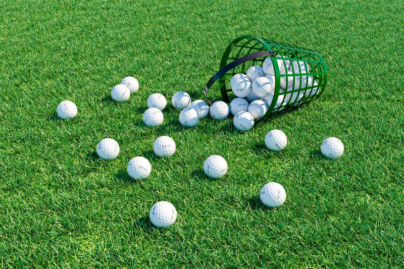 Golf balls scattered of field near basket