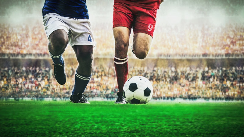Two soccer players contesting the ball.