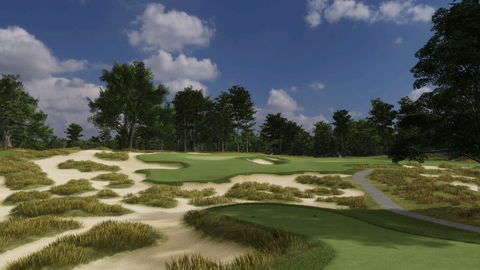 A golf course with sandy areas, green fairways, and trees under a partly cloudy sky
