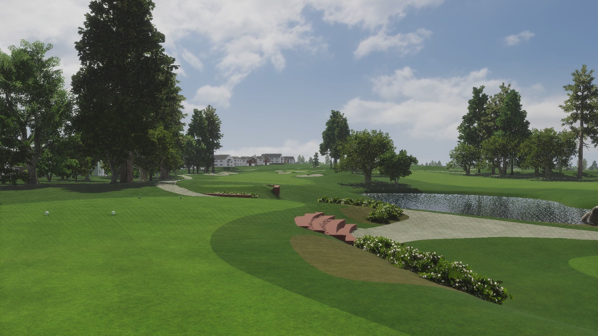 A beautiful virtual golf course showcasing a calm pond and abundant trees, providing a tranquil backdrop for a day of golfing.