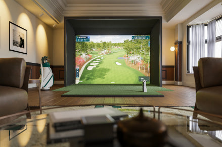 Small golf simulator set up in a living room