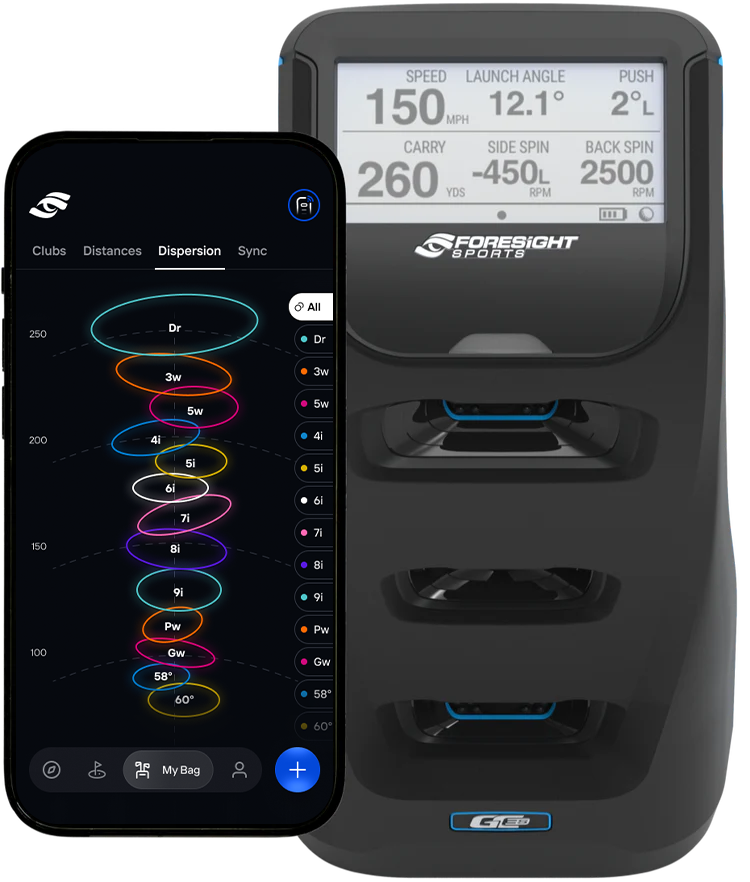 A smartphone and a golf launch monitor device showing swing data