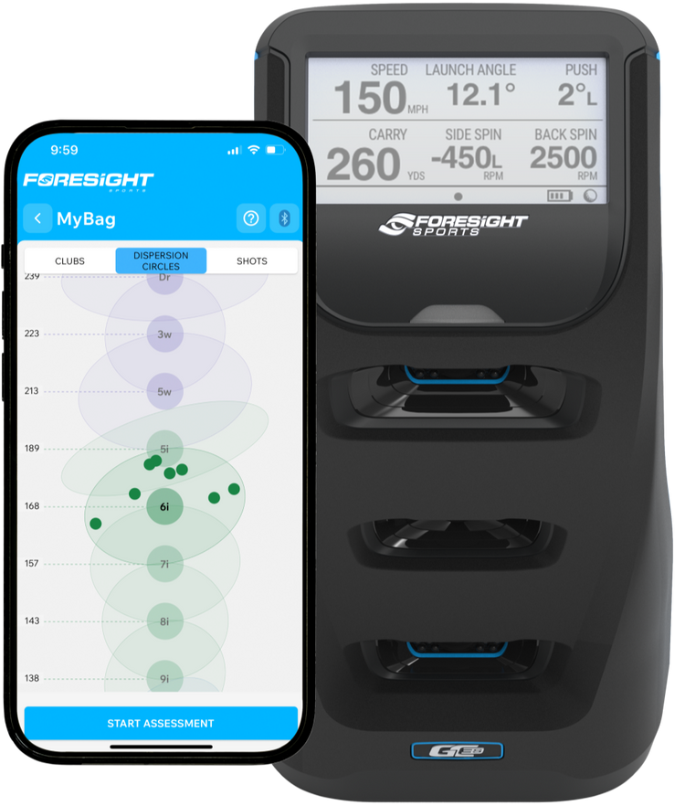 Top view of Foresight Launch Monitor and a phone displaying data in an app